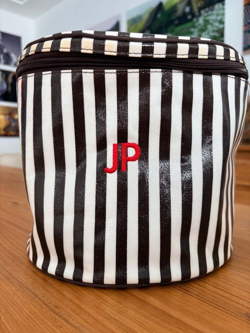 Henri Bendel Brown White Stripe Train Case Makeup Travel Bag